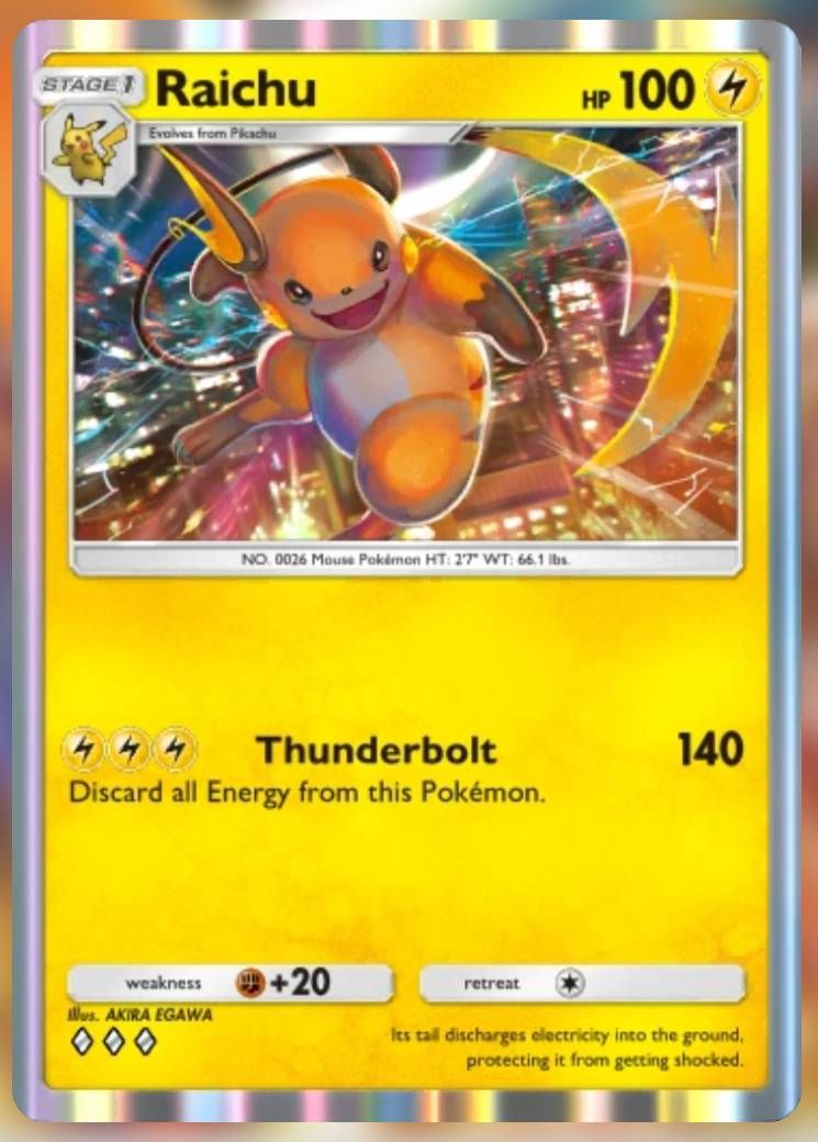 The Raichu card is shown in Pokemon TCG Pocket.