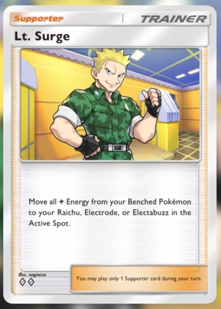 The Lt. Surge card is shown in pockemon pocket.