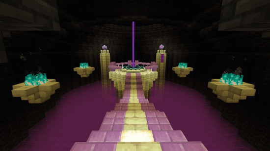 A beautiful End Portal room Minecraft build, with a purple glass floor and stairway leading to the portal.