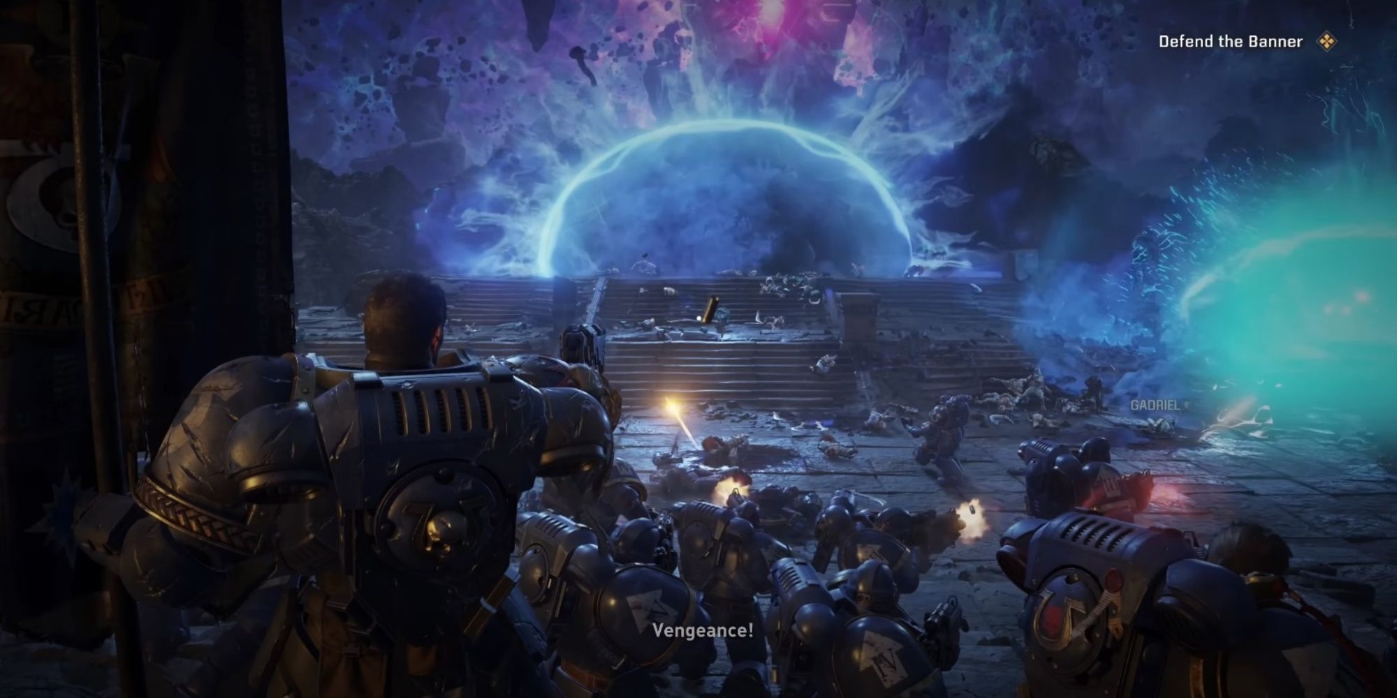 A screenshot from Warhammer 40K Space Marine 2 of Titus and the Ultramarines defending the chapter banner against hordes of Tyrannids.