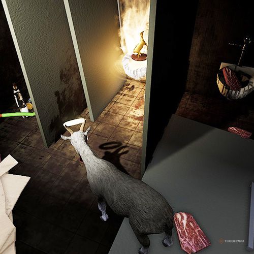 An orange arrow points the trophy that is inside the men's restroom in Goat Simulator Remastered