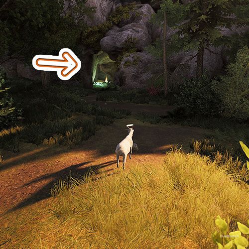 An orange arrow points the trophy that is inside a blue glowing cave in Goat Simulator Remastered-1