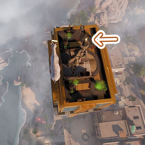 An orange arrow points the trophy that is on top of a Golden Tower building in Goat Simulator Remastered