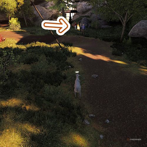 An orange arrow points the trophy that is surrounded by group of people in Goat Simulator Remastered