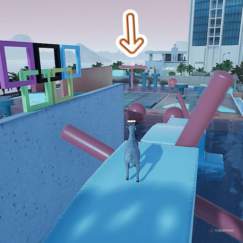 An orange arrow points the trophy that is on a red spinning object inside a pool parkour in Goat Simulator Remastered