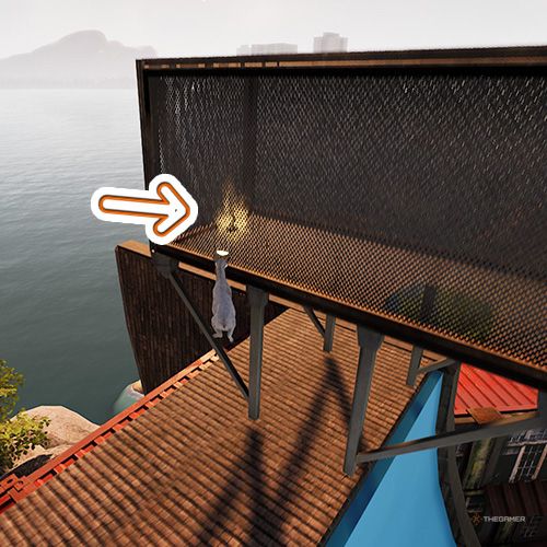 An orange arrow points the trophy that is inside a wired rectangular platform in Goat Simulator Remastered