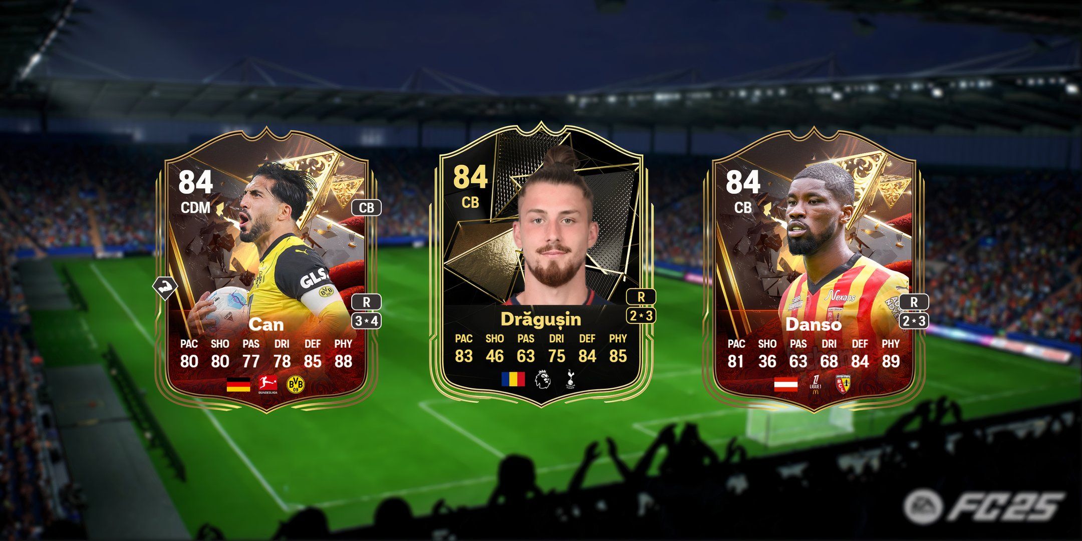 Emre Can's, Dragusin's, and Danso's card in EA Sports FC 25.