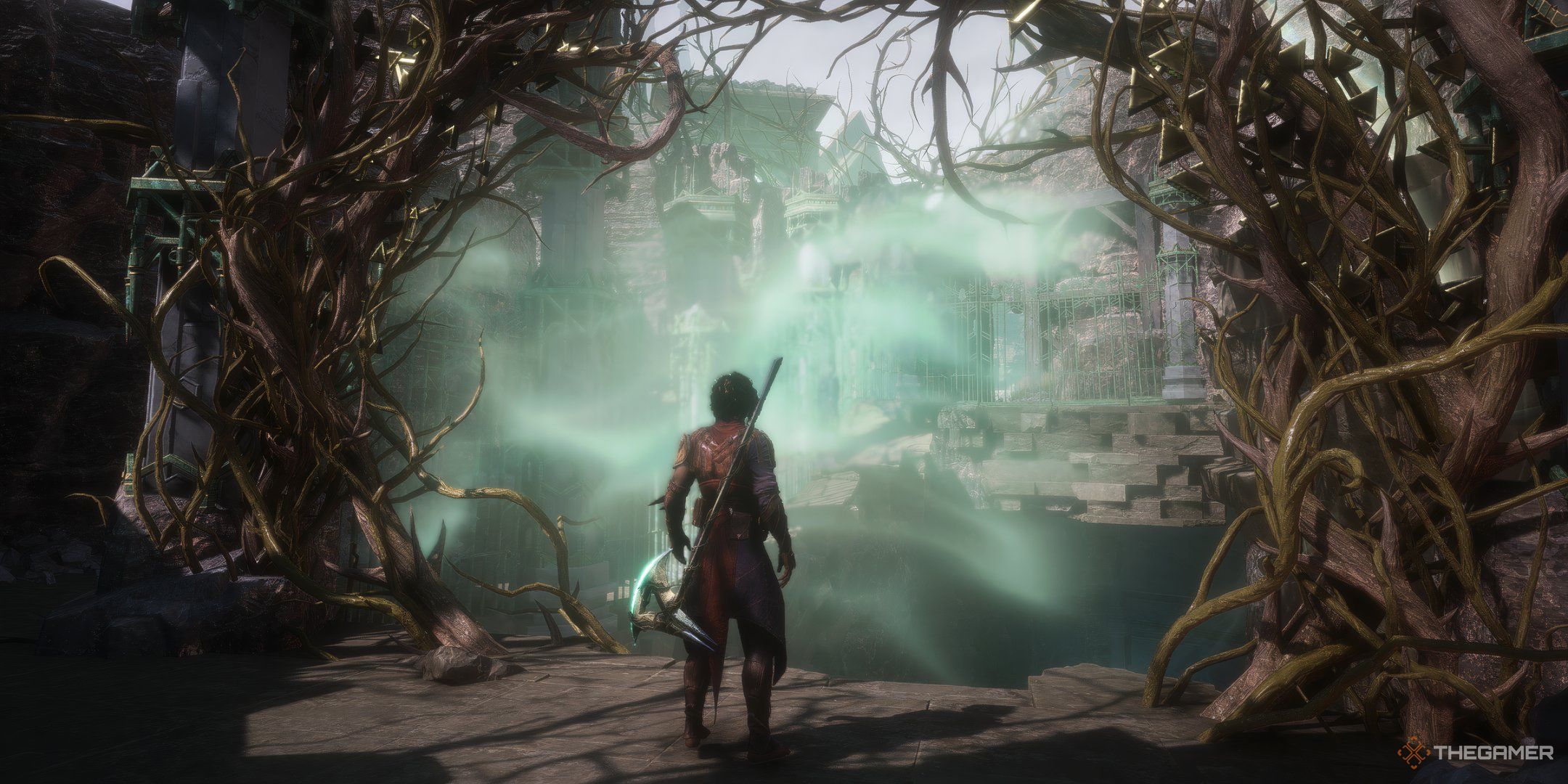 Rook in front of a misty portal that starts the Labs Below quest in Dragon Age: The Veilguard.