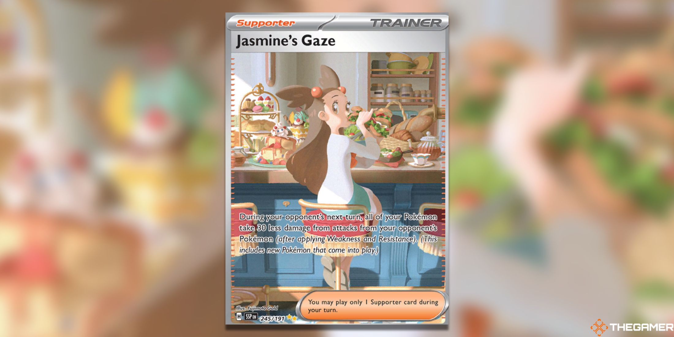 The Surging Sparks Jasmine's Gaze SIR in the Pokemon TCG.