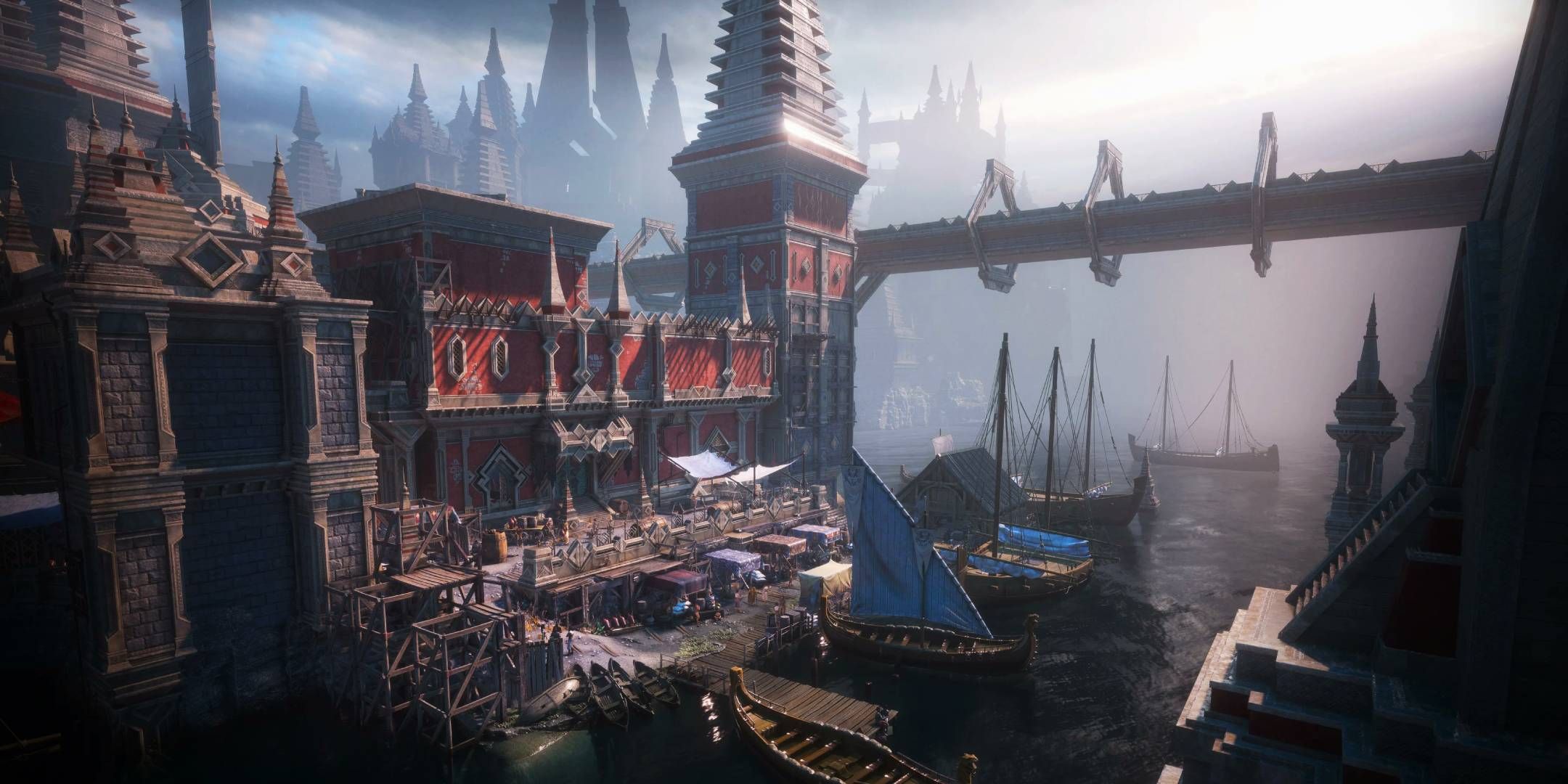 Dock town filled with ships in the Tevinter city of Minrathous in Dragon Age: The Veilguard.