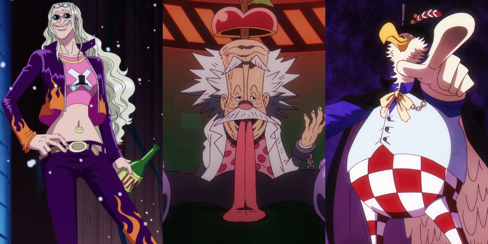 A collage of 3 great One Piece characters who never fight: Dr. Kureha, Dr. Vegapunk and 