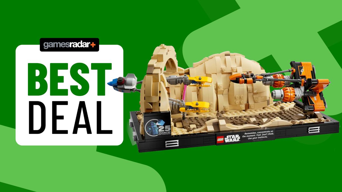 Lego Podrace Diorama beside a 'best deal' badge, all against a green background