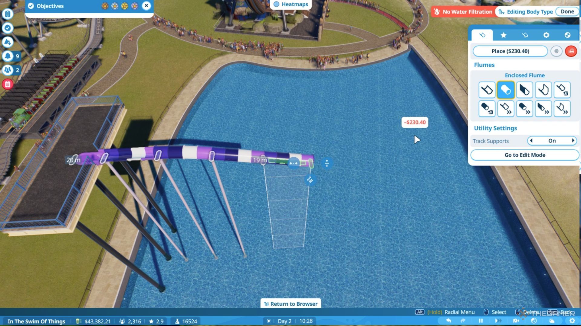 A custom flume is being created in Planet Coaster 2.