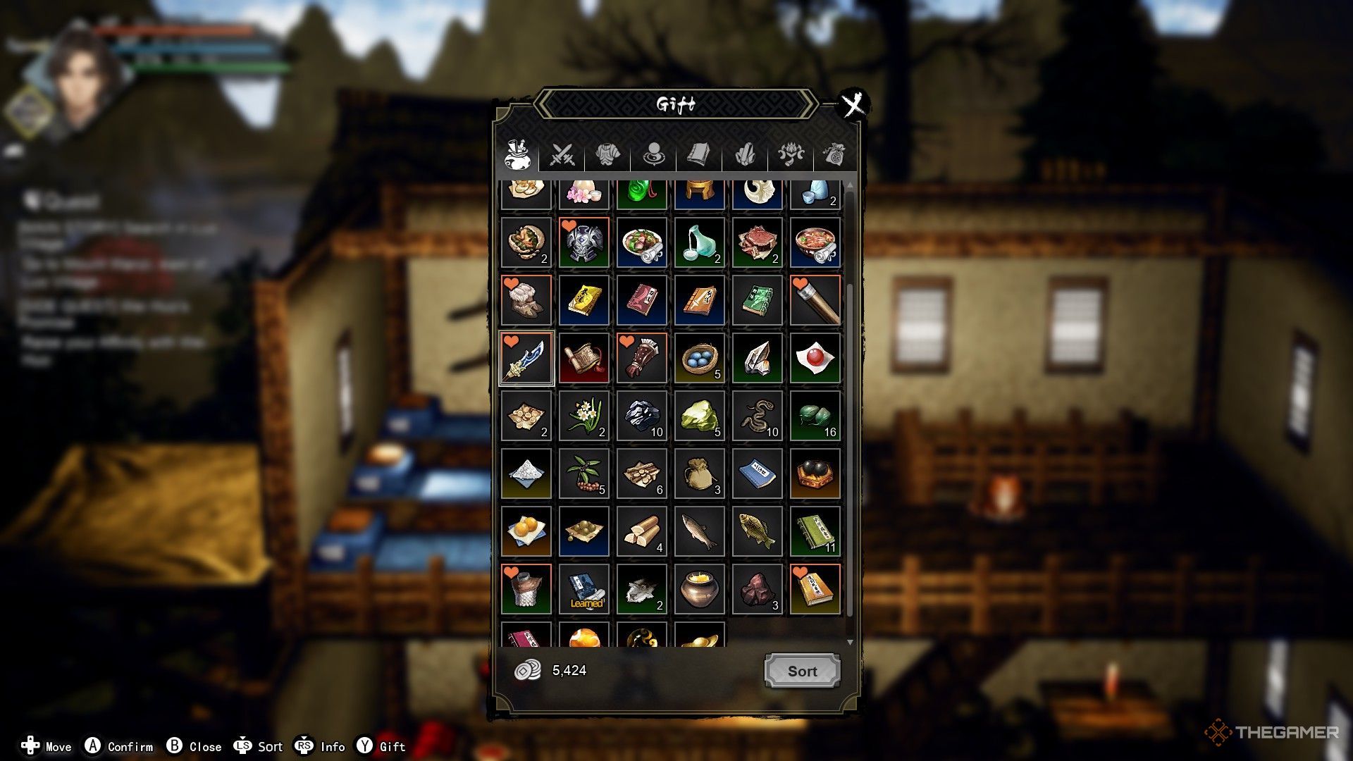 The image showcases the gifting menu with several items marked with a Heart icon based on the gift receiver's preference in Wandering Sword. 