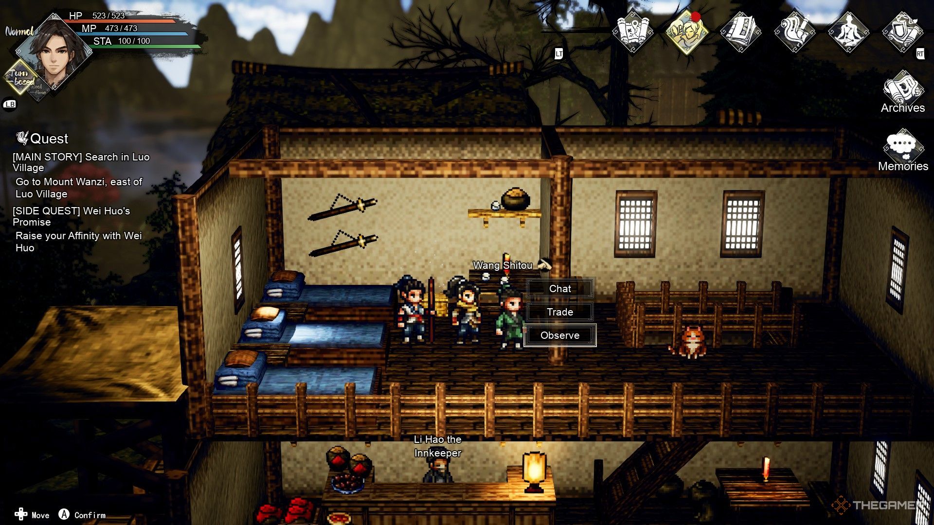 The image shows Wang Shitou in the Luo Village inn in Wandering Sword.