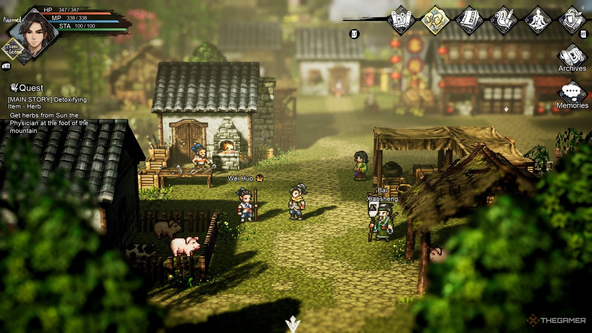 The image shows Yuwen Yi standing in the middle of Wutong Village, next to Wei Huo, in Wandering Sword.