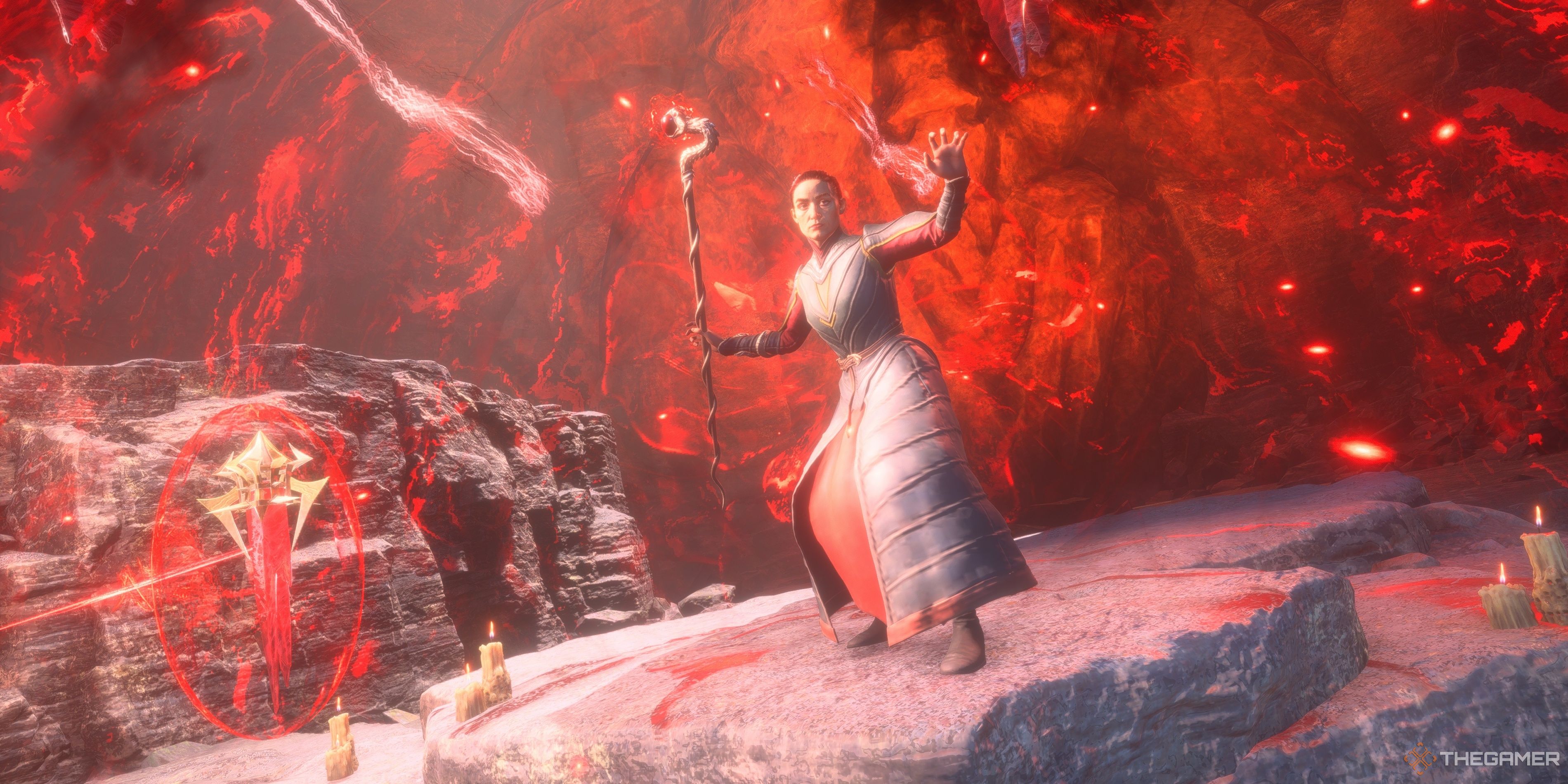 Aelia performs a ritual while shielded by Venatori crystals in Dragon Age: The Veilguard.