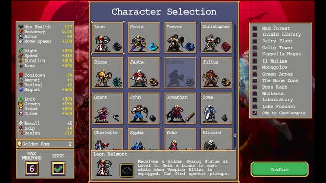 A screenshot shows the character selection screen for Vampire Survivors.