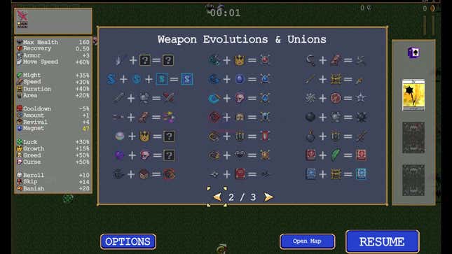 A screenshot shows a selection of weapons in Vampire Survivors.