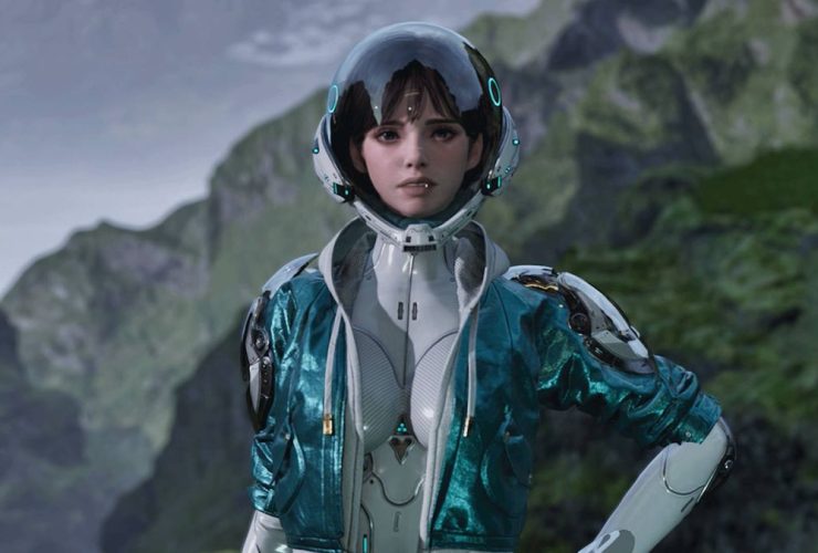 The First Descendant character Valby, a young woman with dark hair wearing what looks like a futuristic space suit, looks into the camera with one hand on her hip.