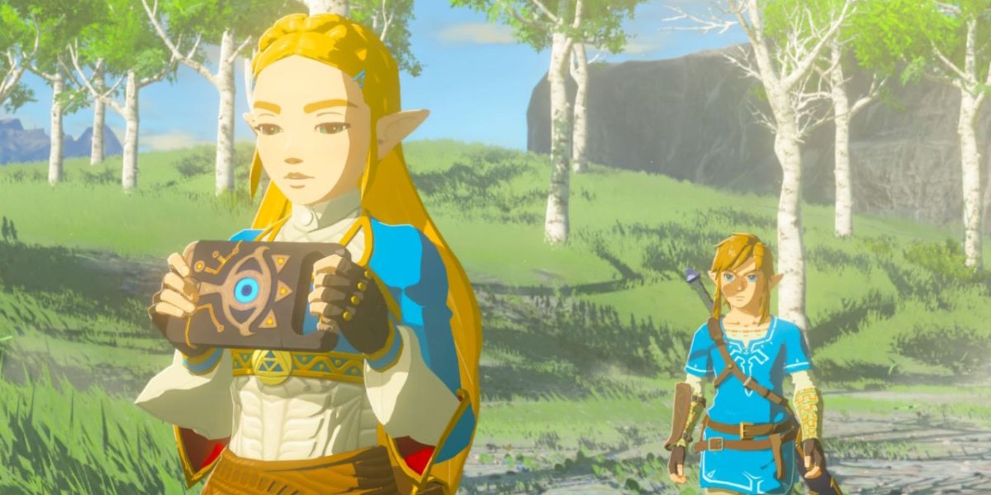 Zelda Breath of the Wild Zelda holding Sheikah slate with Link following behind