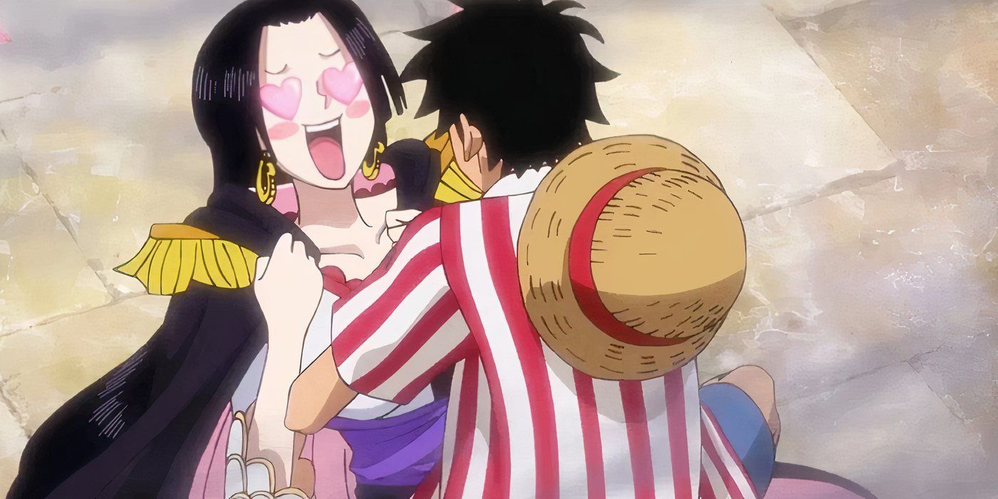 Boa Hancock is in love as Luffy hugs her in One Piece.