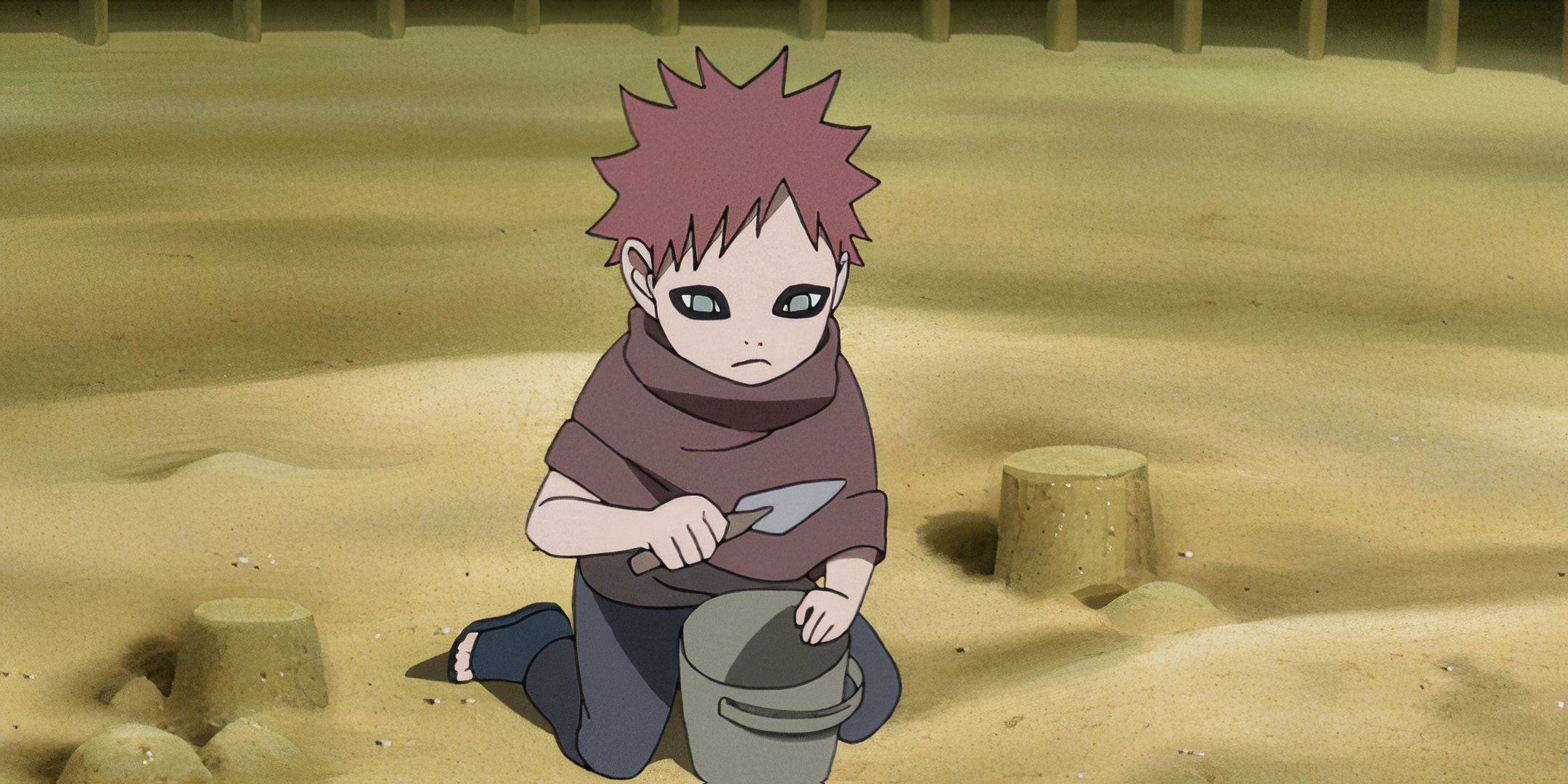 Gaara's childhood in Naruto, showing him making sand castles.