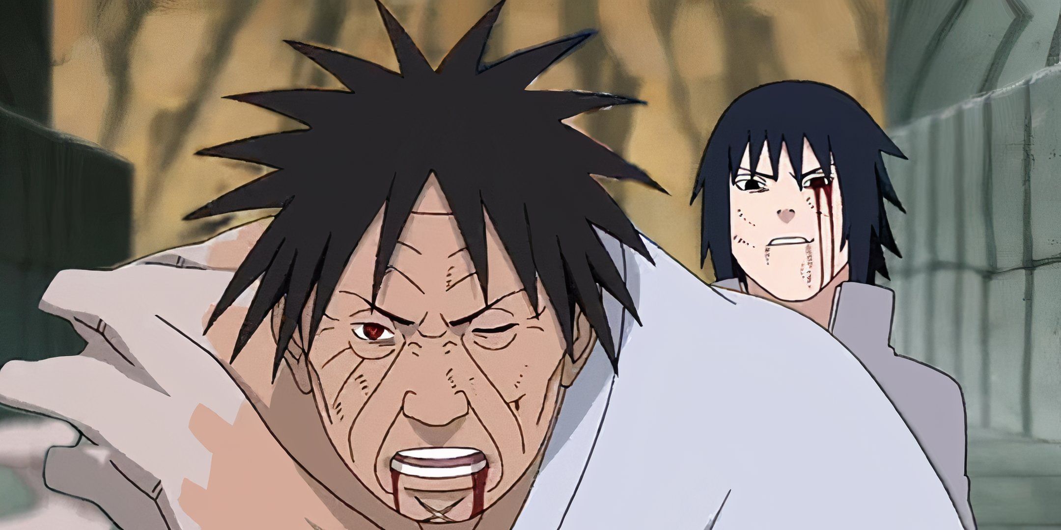 Danzo running from Sasuke after using all his Sharingan in Naruto.