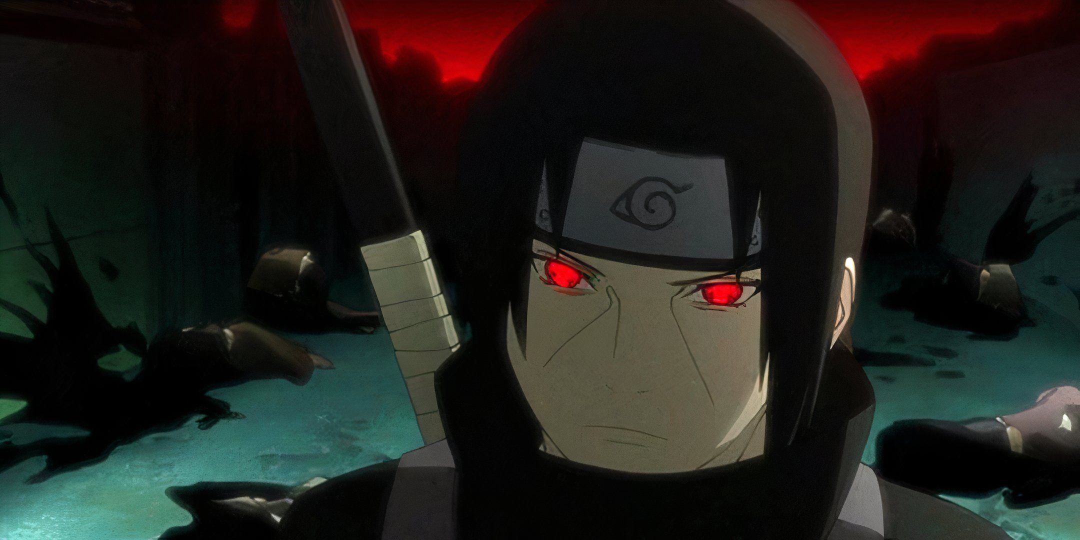 Itachi with multiple dead uchihas behind him while he has his sharingan activated from Naruto.