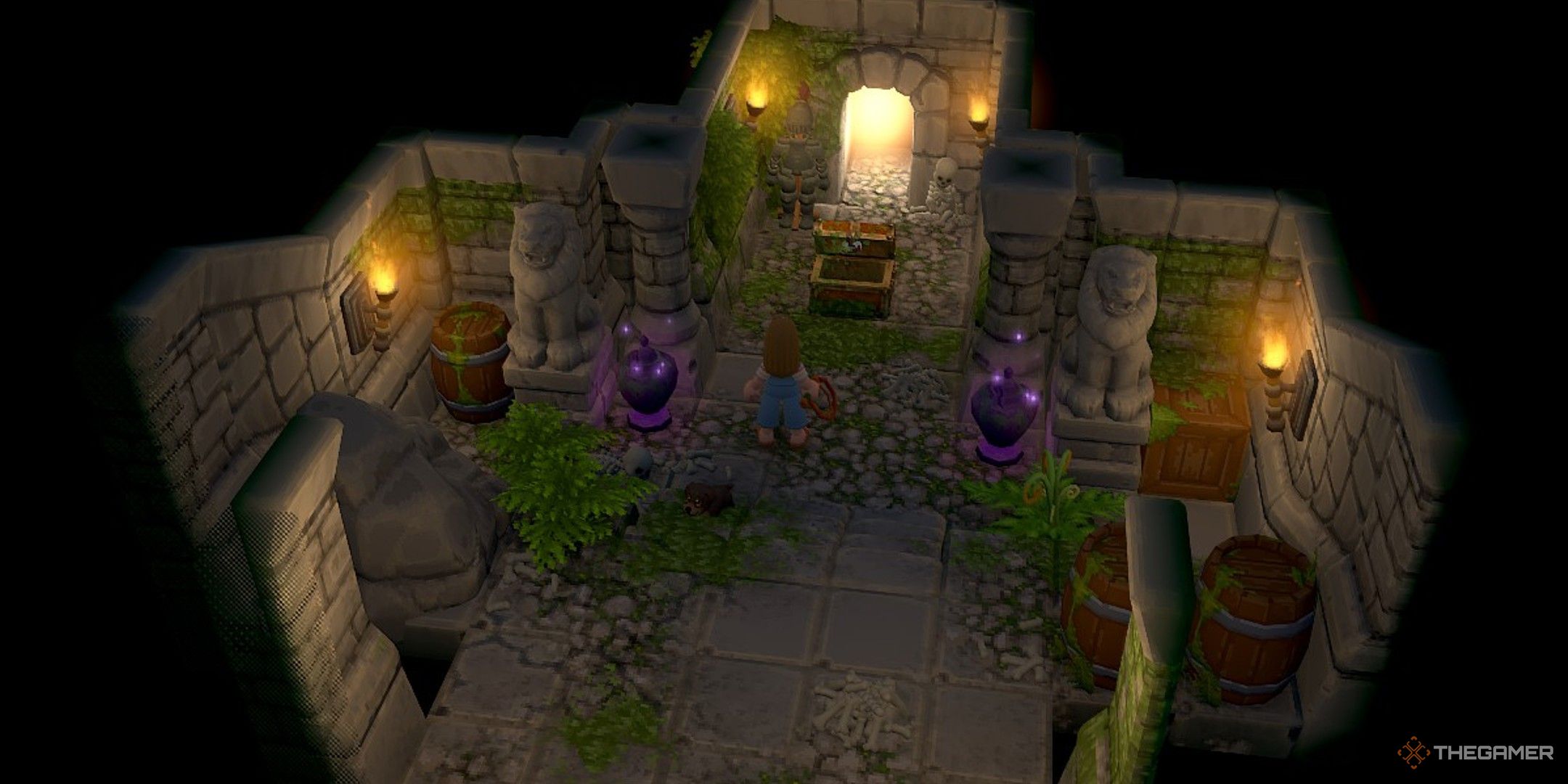 Player character standing in an ancient temple room with barrels, vases, and an open chest in Luma Island.