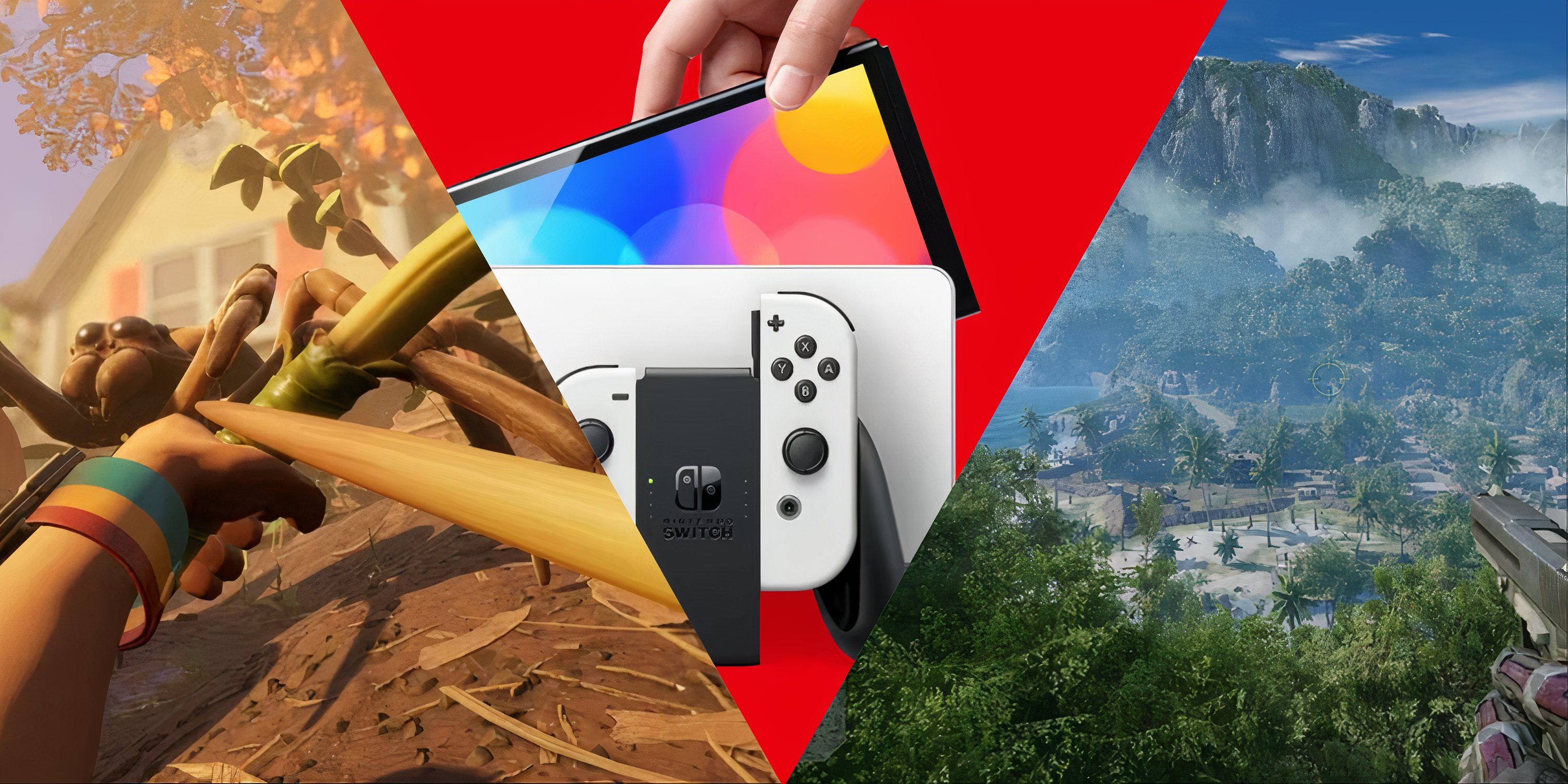 Best First-person Shooters  On Nintendo Switch Updated Feature Image - Aiming At A Spider In Grounded, A Switch Console, And Aiming At The Island View in Crysis-1