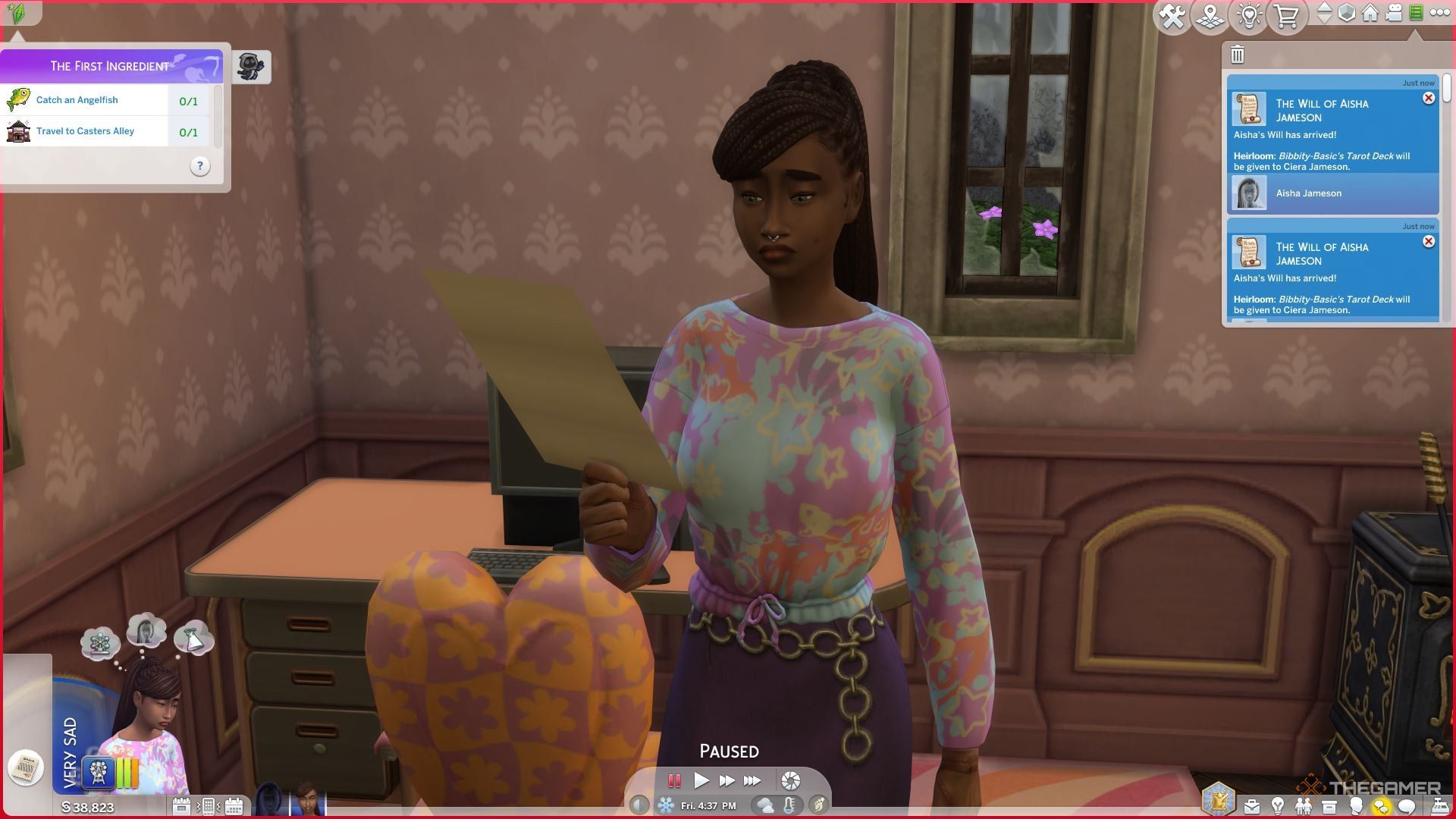 A recipient Sim receiving an Heirloom from reading a will in The Sims 4 Life and Death.