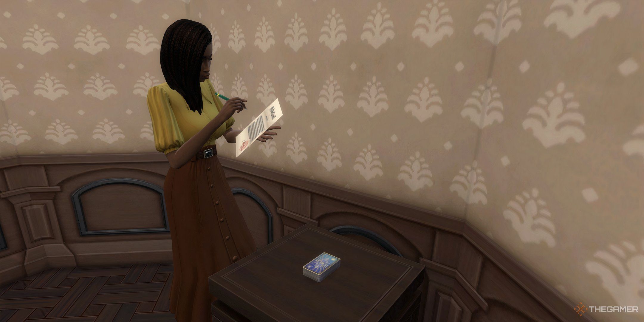 A Sim passing on an heirloom tarot deck in The Sims 4 Life and Death.