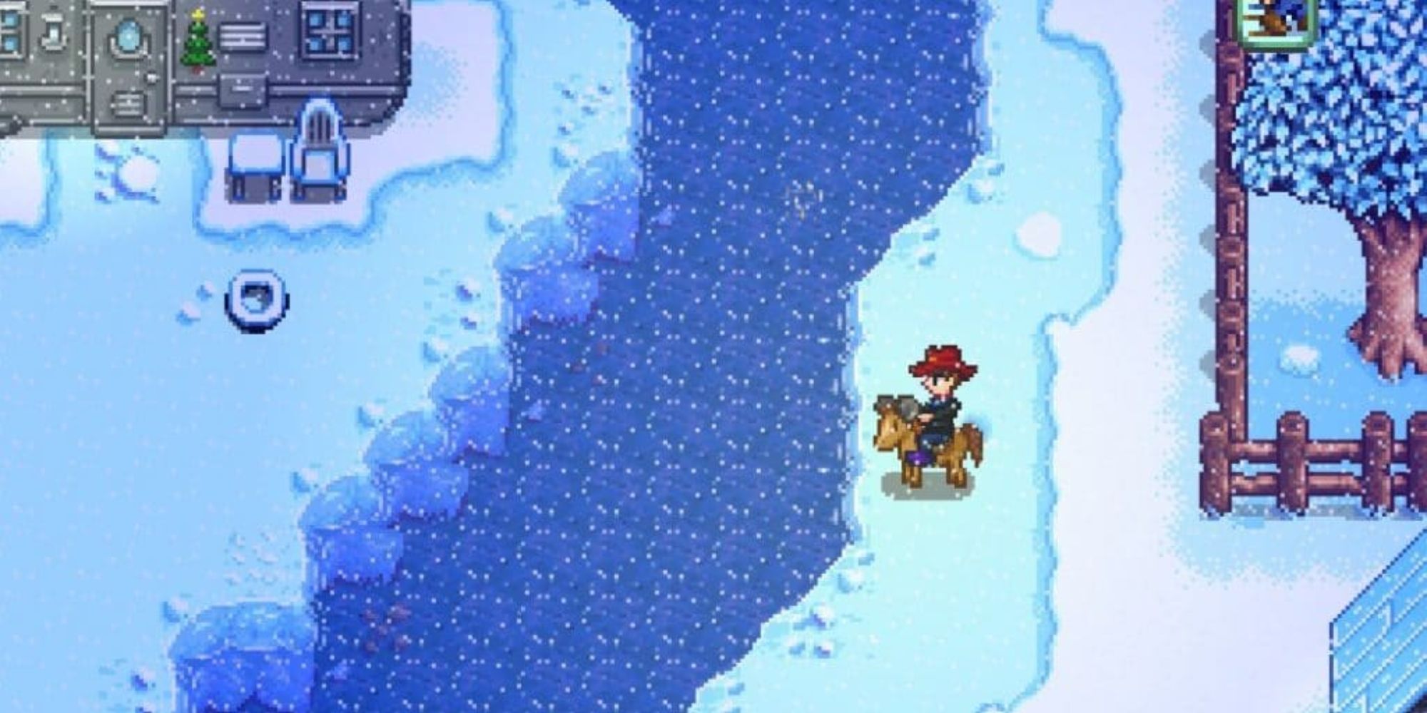 Stardew Valley character on a horse in front of the Town River during winter.