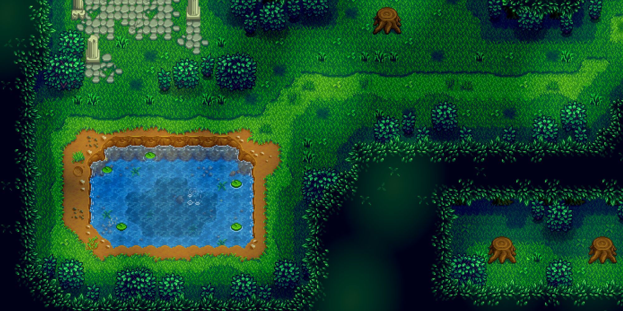 Secret Woods with pond and temple in Stardew Valley.