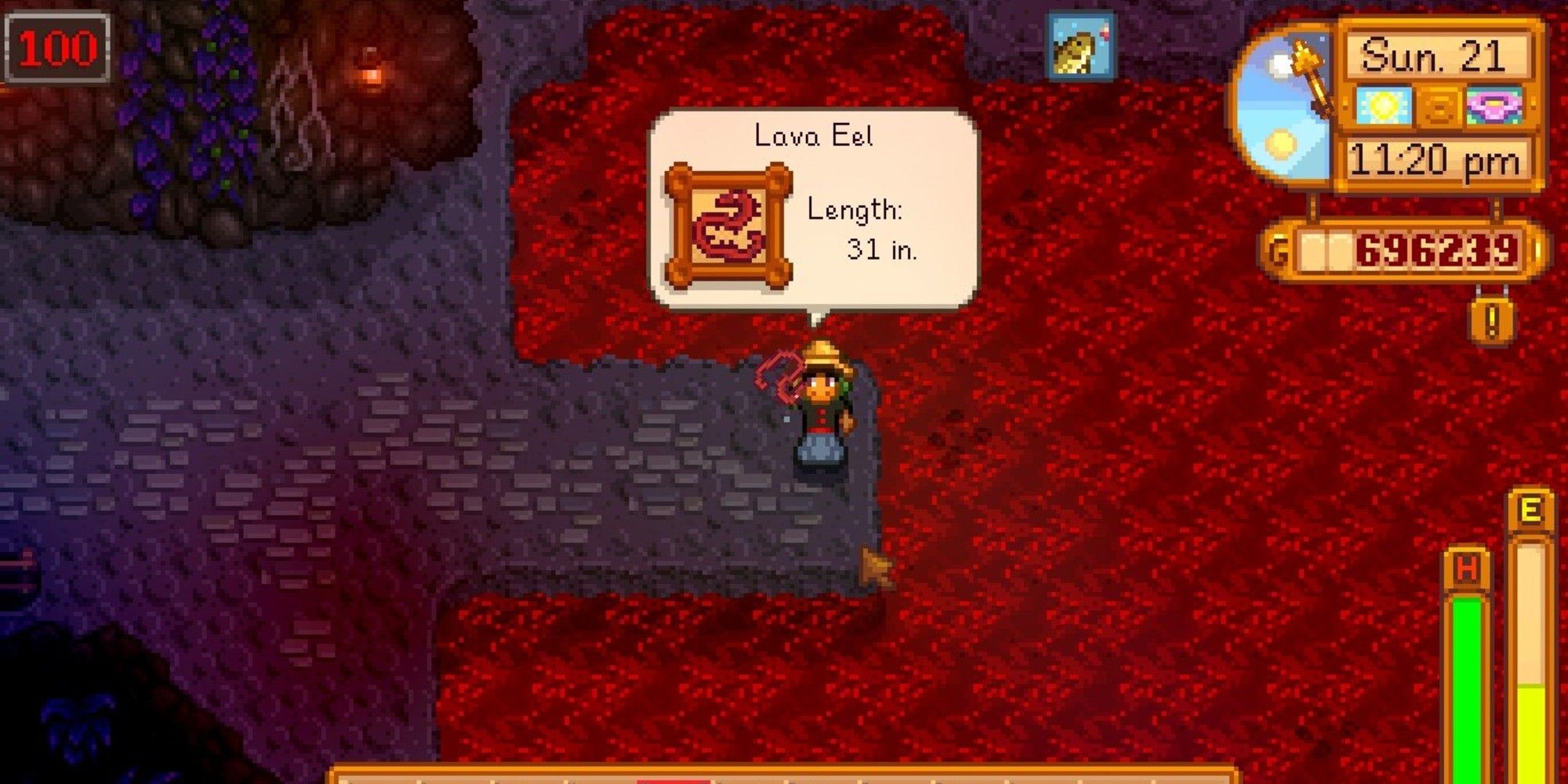 player catching a lava eel on floor 100 of mines in Stardew Valley.