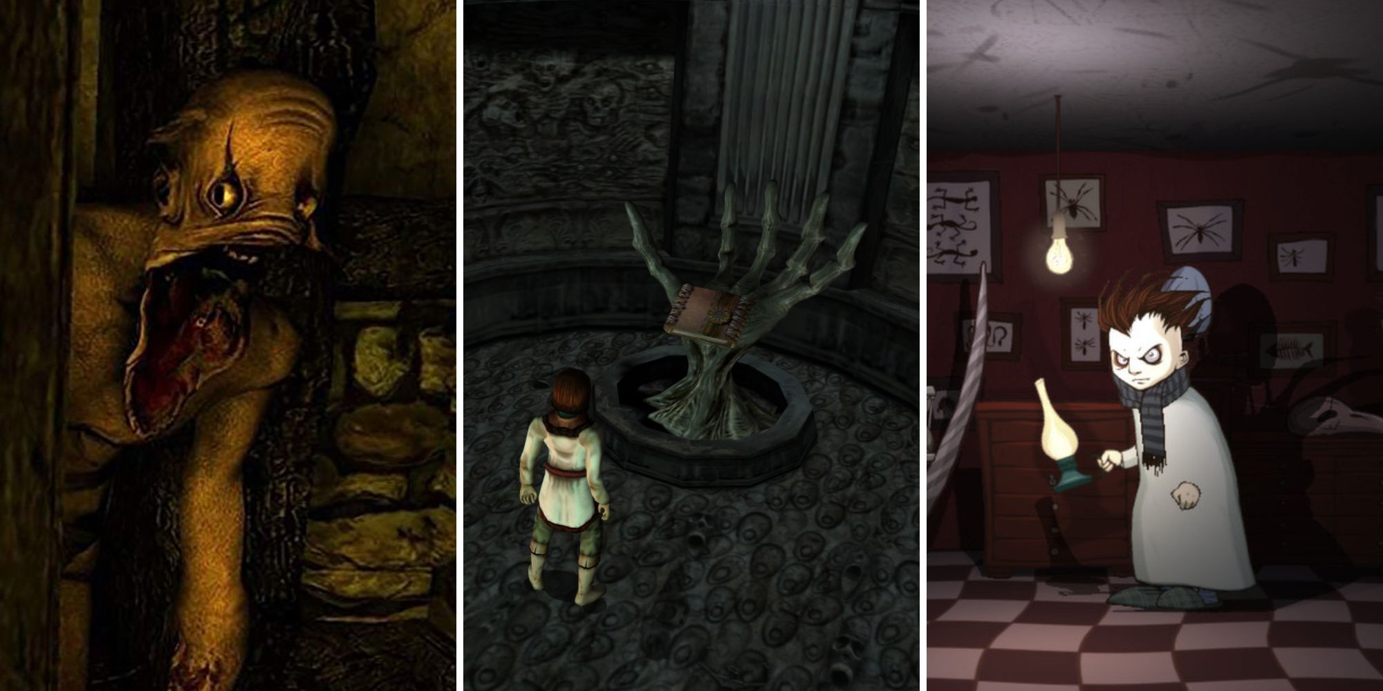 A grid showing pictures from three different horror games including Amnesia: The Dark Descent, Eternal Darkness: Sanity's Requiem, and Knock-knock