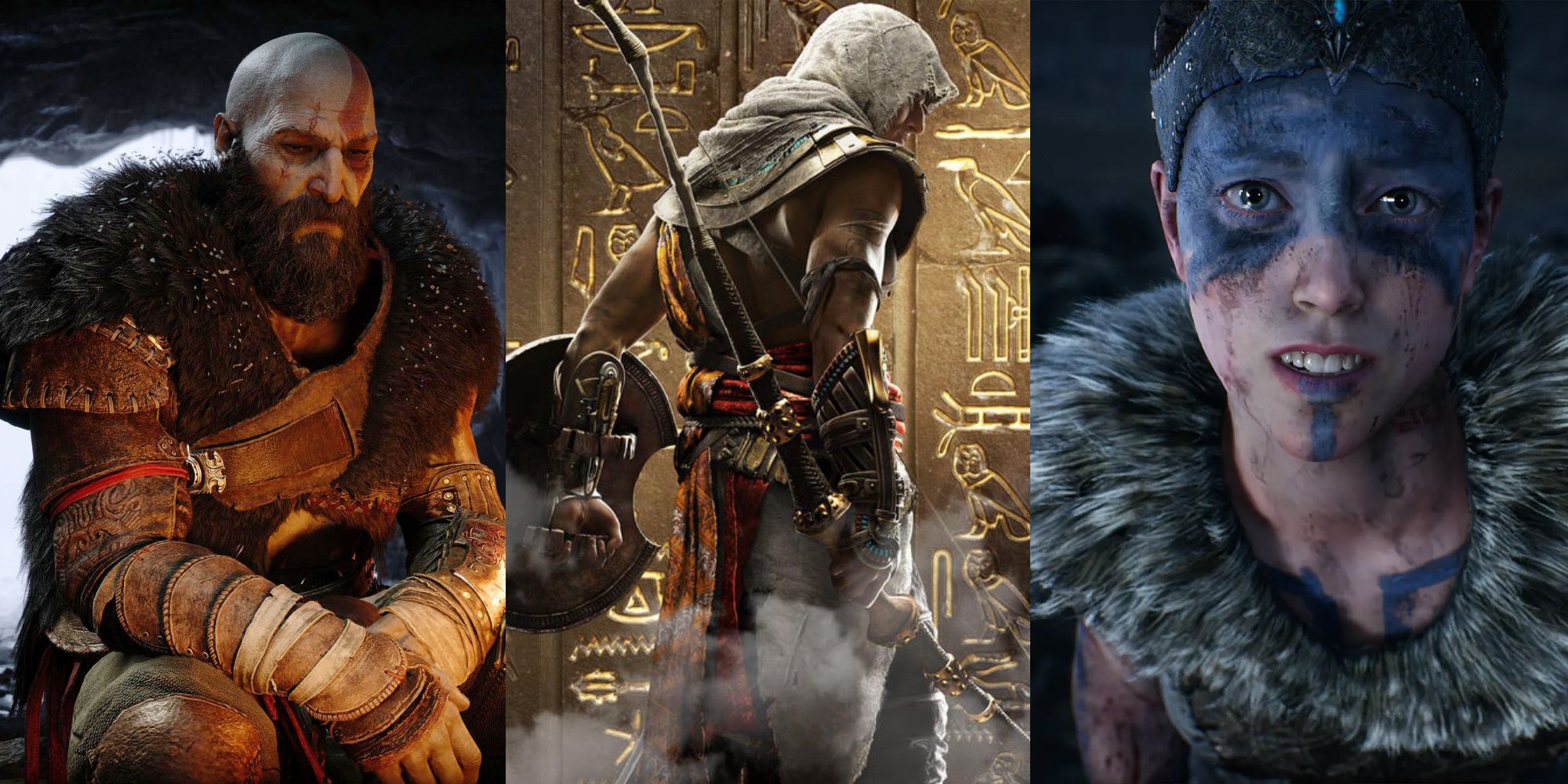 Kratos from God of Wa, Bayek from Assassins Creed Origins and Senua from Hellblade side by side.