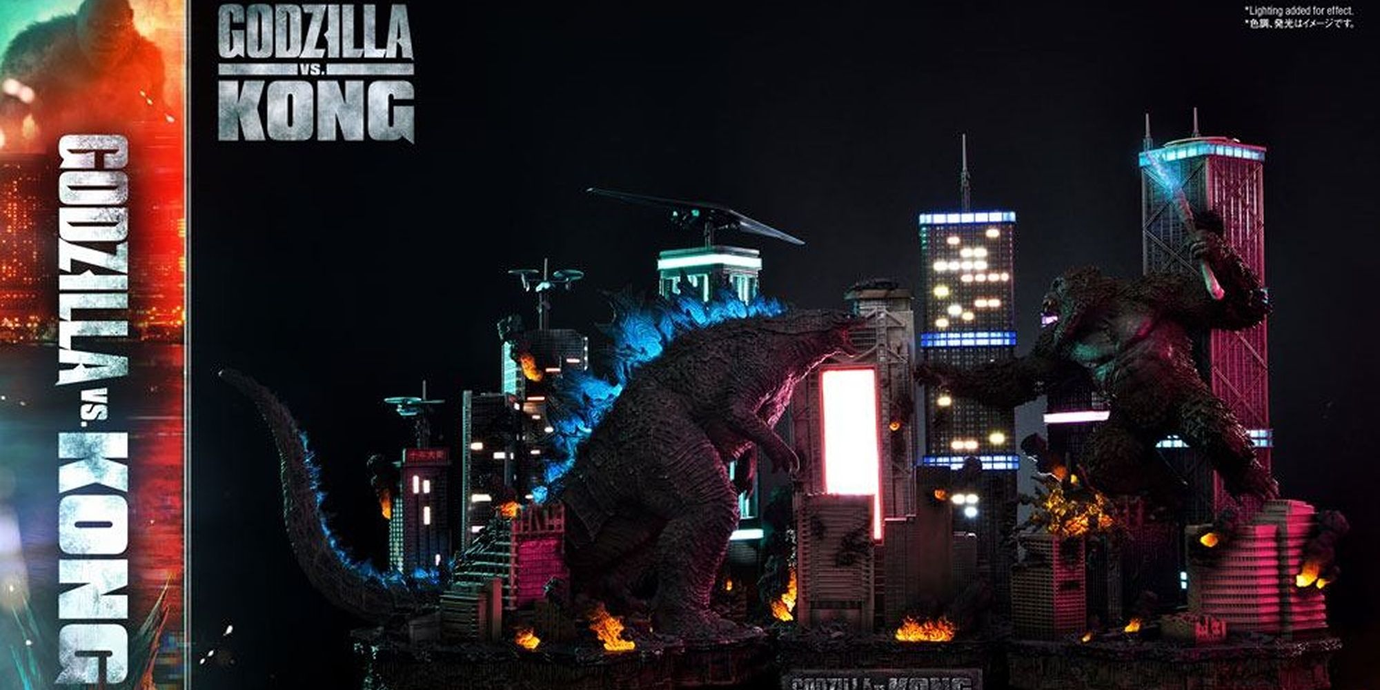 Godzilla and King Kong fight in a diorama.