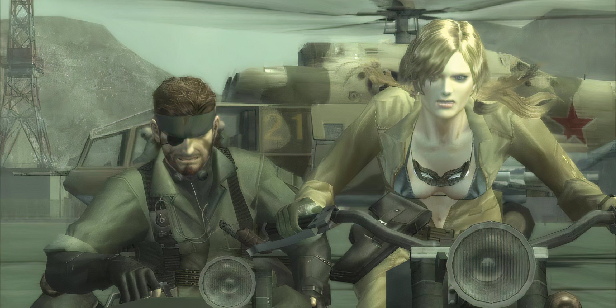 Naked Snake riding along with Eva in Metal Gear Solid 3 Snake Eater.