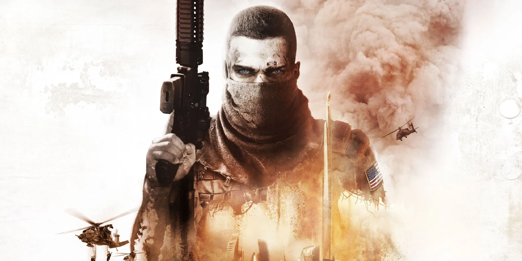 Artwork of Spec Ops: The Line depicting Martin Walker wearing a mask over his mouth and holding an assault rifle.