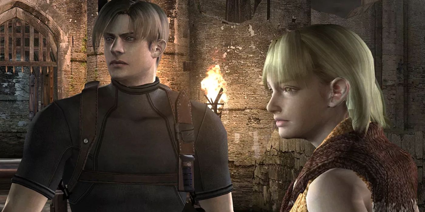 Leon and Ashley at the entrance to the castle section in the 2005 version of Resident Evil 4.