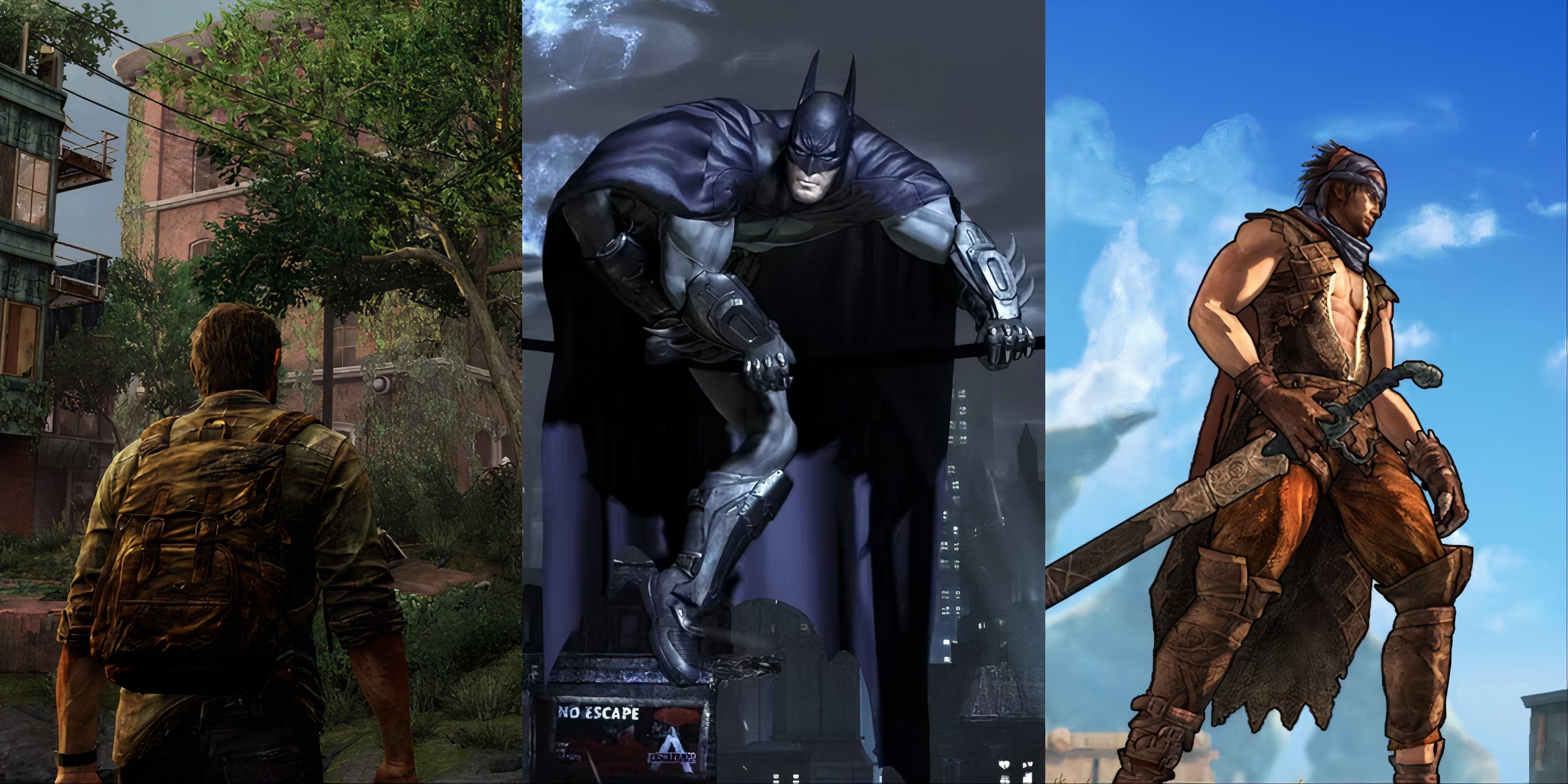 A collage showing Joel from The Last of Us, Batman from the Arkham series, and the Prince of Prince of Persia's Reboot.