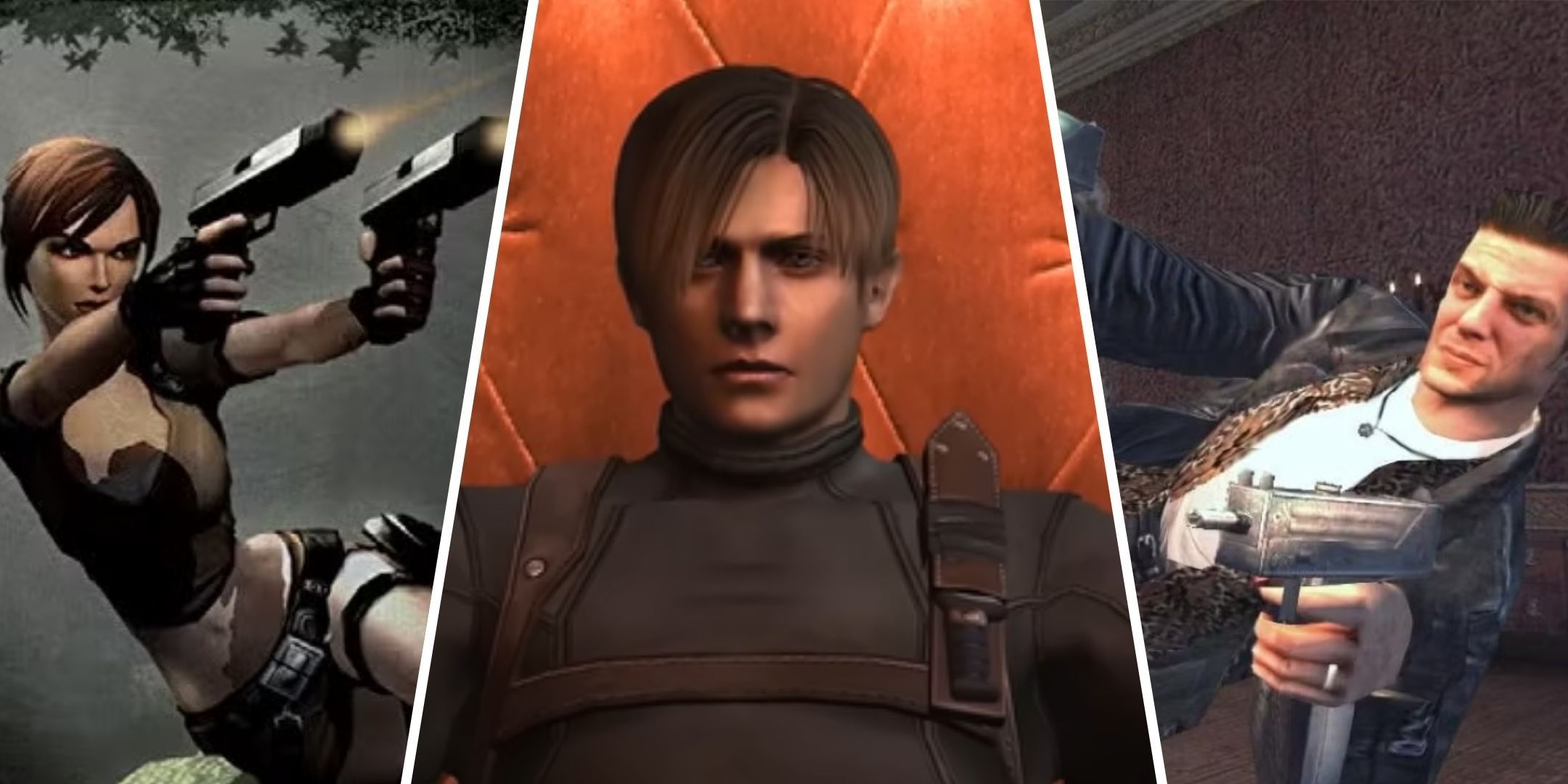 Split image of Lara Croft, Leon Kennedy and Max Payne.