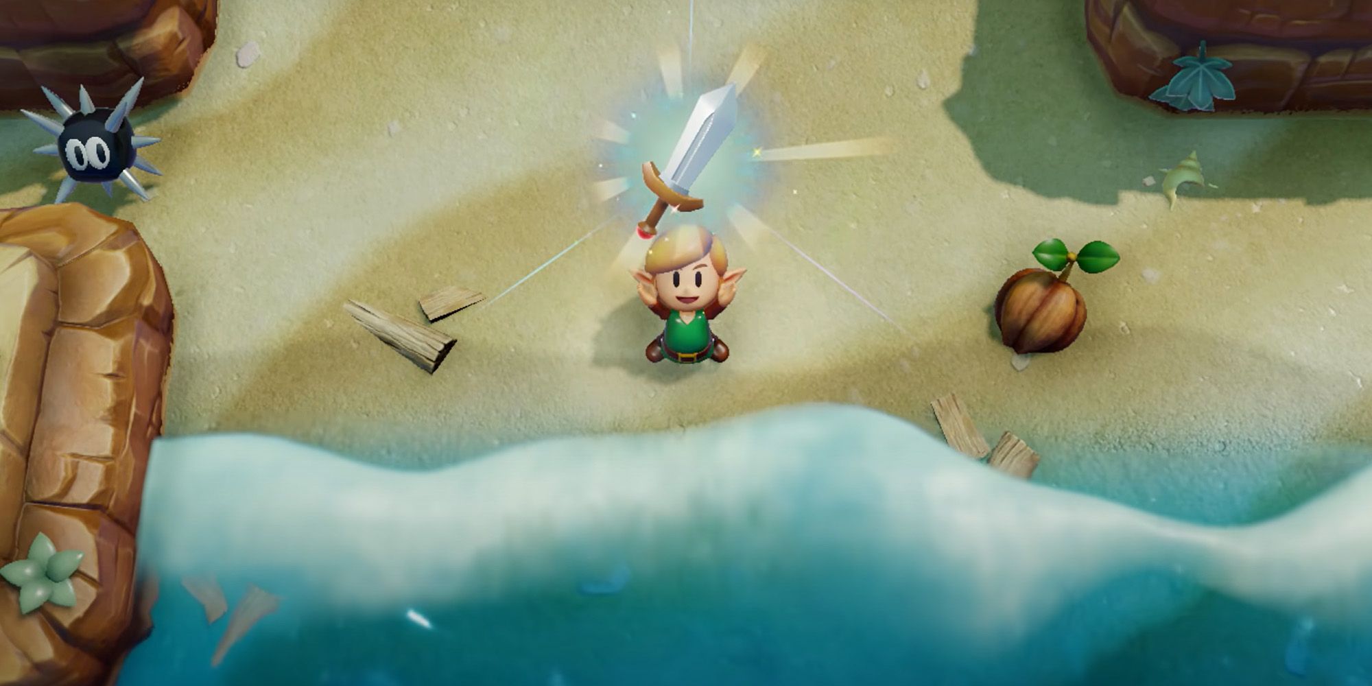 Link finding his sword on the beach in The Legend of Zelda: Link's Awakening.