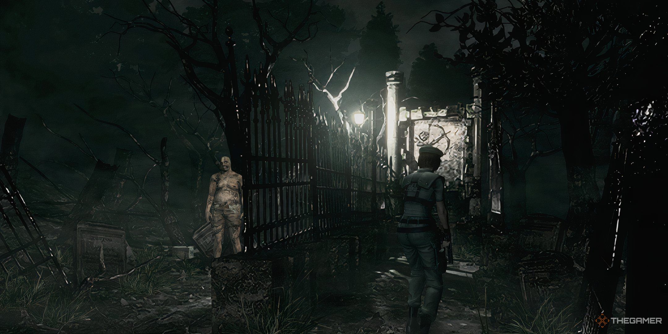 Jill Valentine spotting a zombie in the graveyard in Resident Evil 1 remake