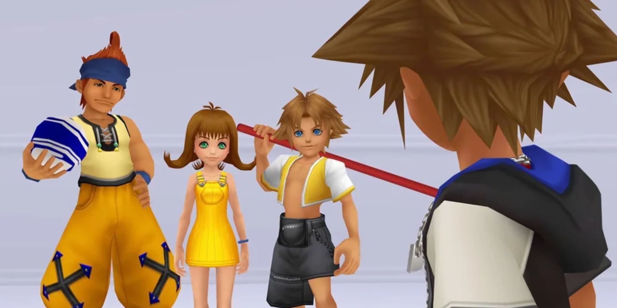 Tidus, Wakka, and Selphie facing Sora in Kingdom Hearts Re:Chain of Memories.