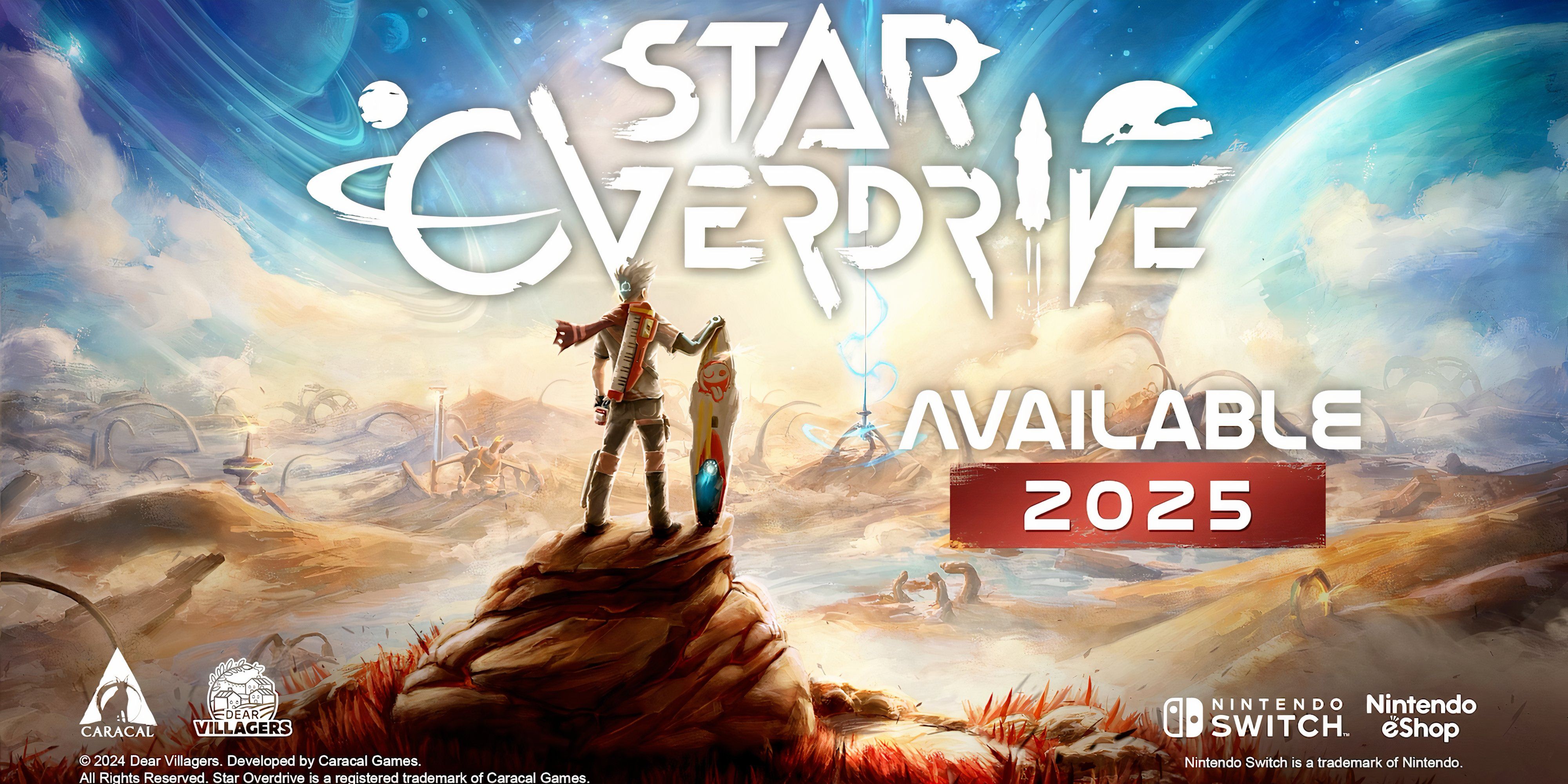 Official Image of Star Overdrive from Caracal Games. Features the protagonist overlooking a mountain range with his hoverboard.