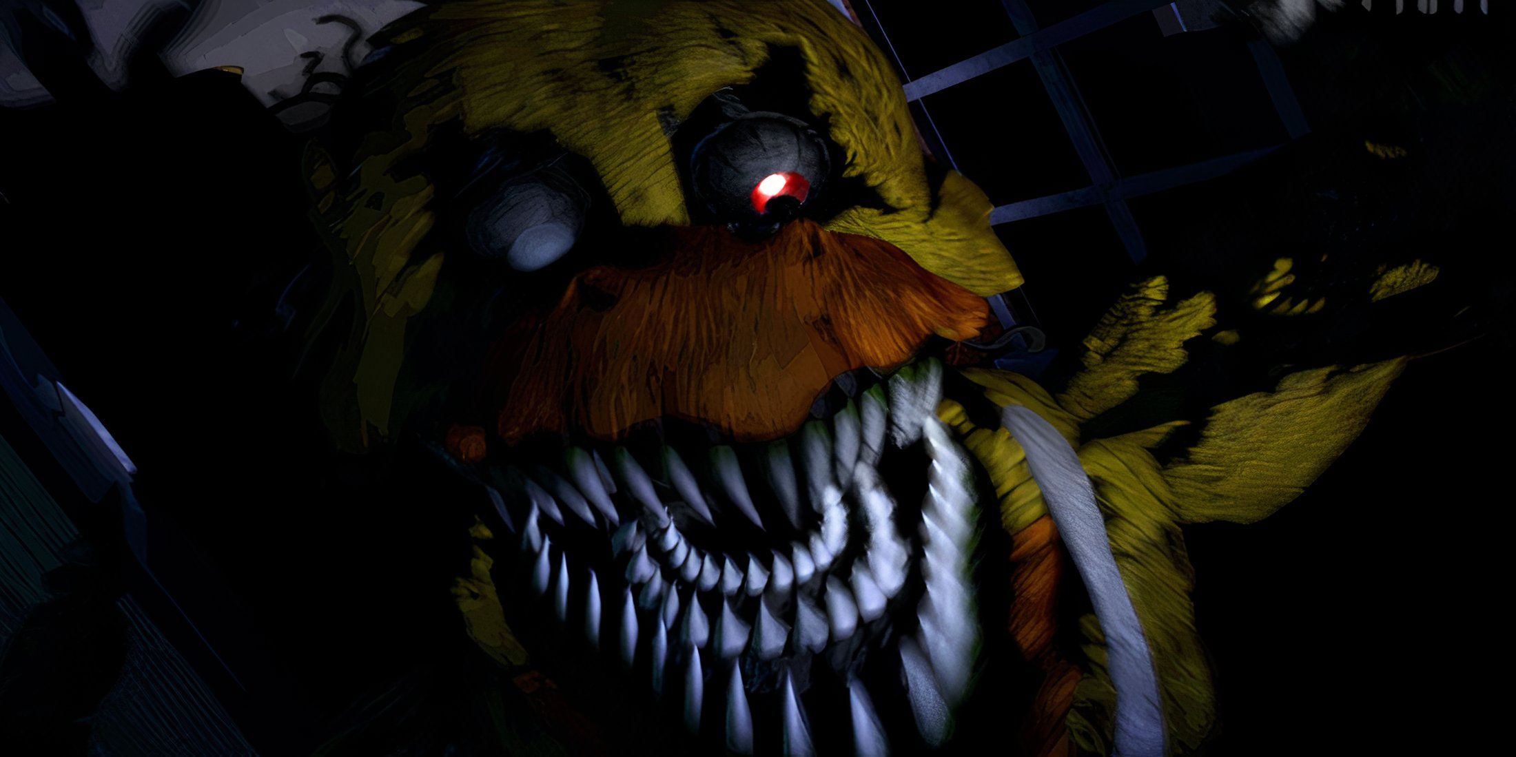 five nights at freddy's 4 chica lunging at the camera with sharp teeth