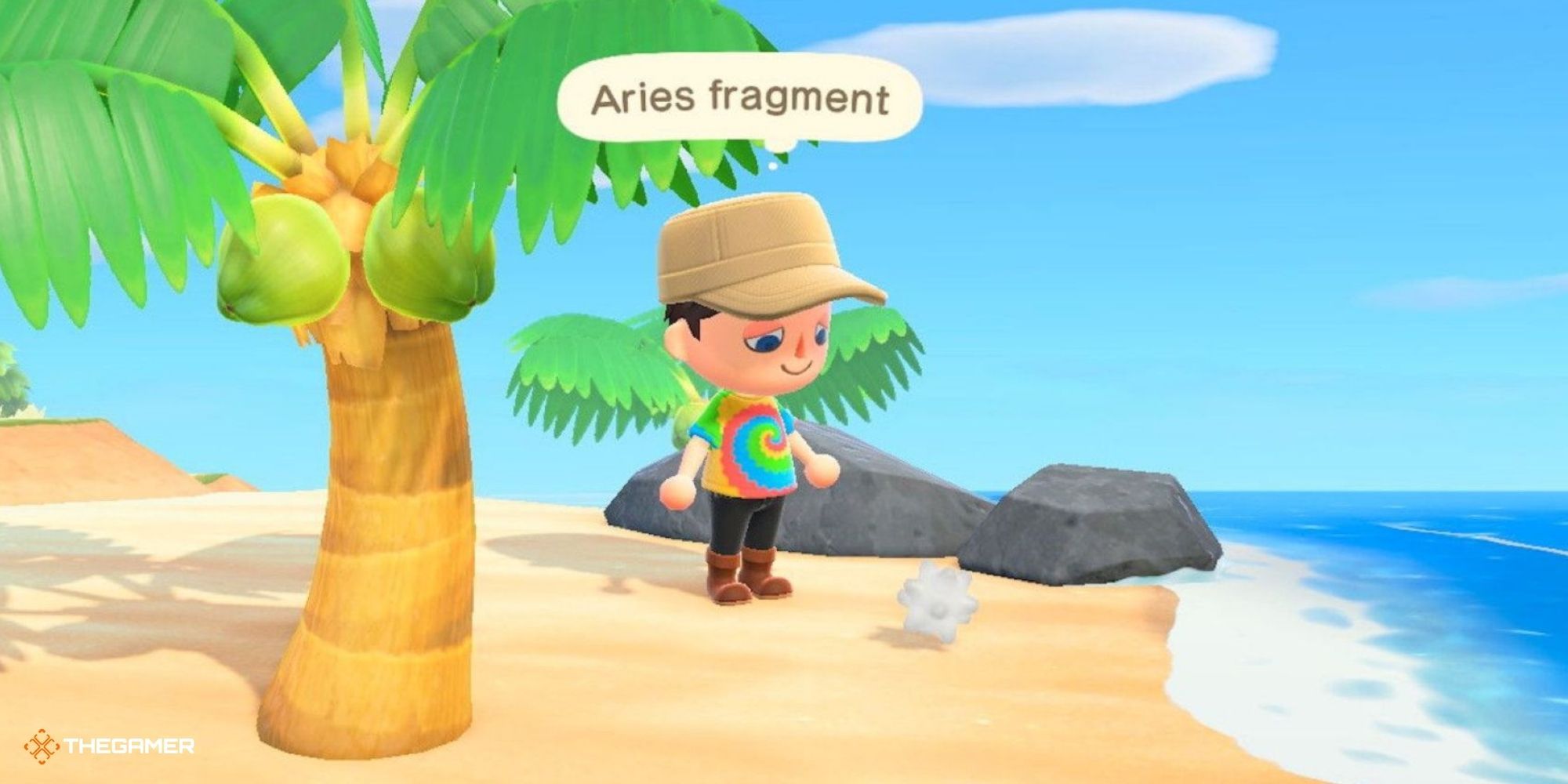 Animal Crossing New Horizons - A player looking at Aries Star Fragment on the beach.